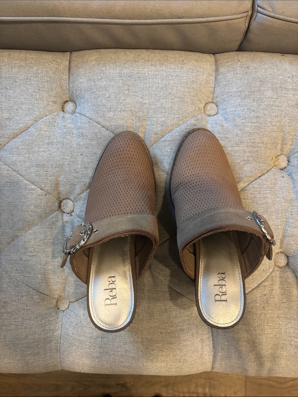 Reba Taupe Perforated Slip-On Mules with Buckle